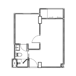 Architektonické 2D Rozvržení Půdorysu 1-Pokojového Bytu O Výměře 33-35 m² V Embassy World Jomtien Zobrazující Obytnou Část, Soukromou Ložnici, Koupelnu A Balkón