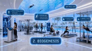 Interior render of the Biogenesis fitness center at Embassy World Jomtien, featuring a Sky Pool Gym, Health Intelligence AI body scan, Motion Lab, Pilates Studio, and Bungee Fitness area.