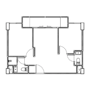 Architektonické 2D Rozvržení Půdorysu 2-Pokojového Bytu O Výměře 50-51 m² Vzniklého Spojením Studií V Embassy World Jomtien Zobrazující Dvě Ložnice, Koupelny, Centrální Obytnou Část A Balkón