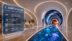 Interior render of the Journey to the Future immersive tunnel pool at Embassy World Jomtien, featuring interactive underwater projections and cinematic space environments.