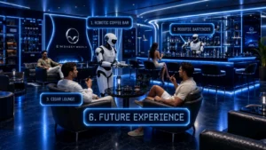 Interior render of the Future Experience lounge at Embassy World Jomtien, featuring a robotic coffee bar, a robotic bartender, and a premium luxury cigar lounge.