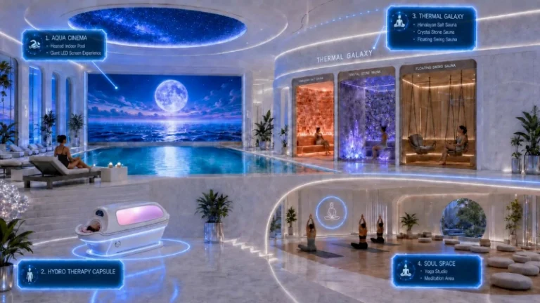 Interior render of the Embassy World Jomtien wellness center featuring an Aqua Cinema heated pool, Hydro Therapy Capsule, Thermal Galaxy saunas, and a Soul Space yoga studio.