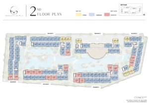 Architectural basement floor plan layout for Embassy World Jomtien showing underground parking bays, EV charging stations, and wellness facility zones including Bungee Gym, Thermal Galaxy, Hydro Therapy, and Aqua Cinema.