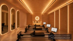 Architectural concept render of the Pilates reformer studio at Embassy World Jomtien featuring professional reformer machines, backlighted arched mirrors, and warm wood paneling.