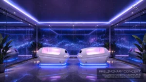 Architectural concept render of the hydrotherapy spa capsule room at Embassy World Jomtien featuring futuristic pods, purple ambient illumination, and a cosmic galaxy backdrop.