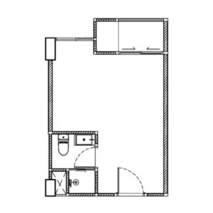 Architektonické 2D Rozvržení Půdorysu Studia O Výměře 25-26 m² V Embassy World Jomtien Zobrazující Hlavní Obytnou Část, Integrovanou Koupelnu A Balkón