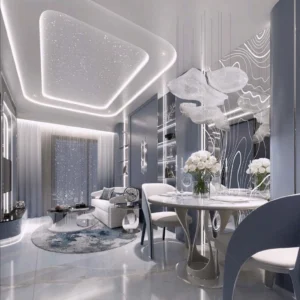 Interior render of a luxury living and dining room at Embassy World Jomtien featuring a signature starry night illuminated ceiling, futuristic light fixtures, and modern soft blue decor.